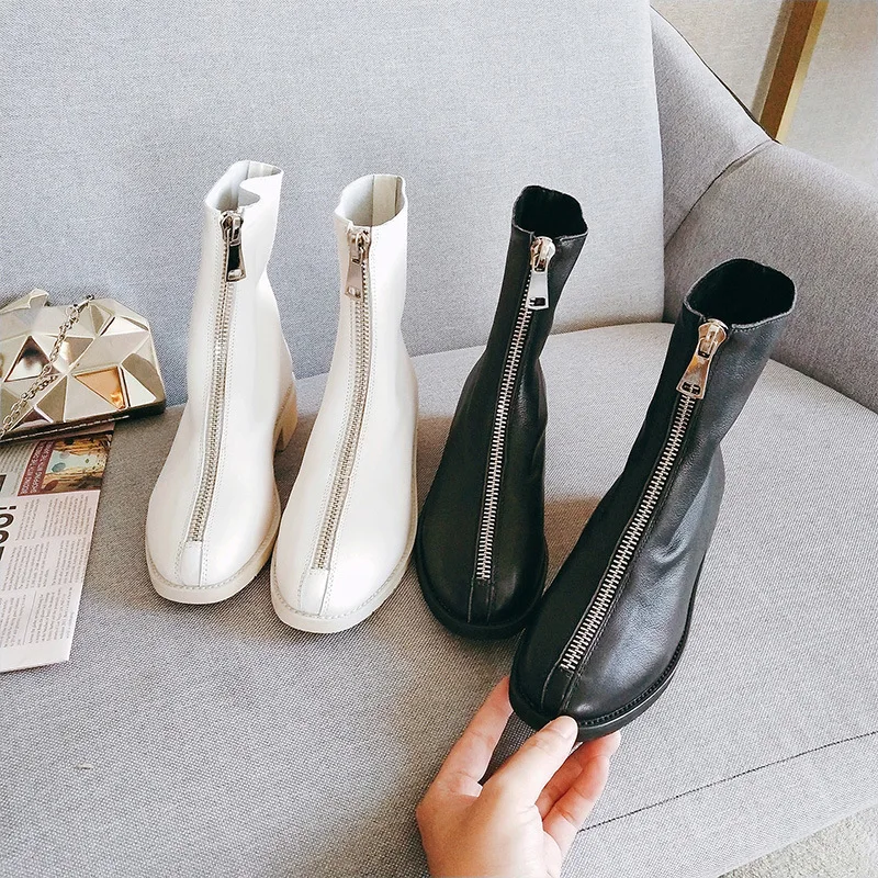 

2019 autumn new leather front zipper Martin boots female fashion net red ladies single boots comfortable wild casual shoes women