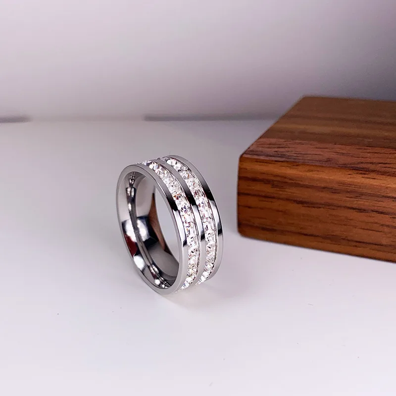 Gold Color Ring Stainless Steel Ring Finger Ring Wedding Ring Luxury Rose Gold Color Double Row Square Zircon Ring for Women