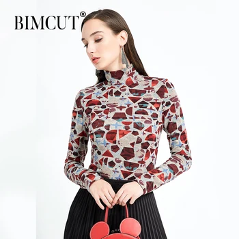 

2019 women's long sleeve T-shirt women's top imitation cashmere base women's European temperament medium high collar long top