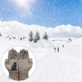 

Winter Women Cashmere Gloves Cat Bird Cartoon Partern Printing Patchwork Woolen Warm Mittens Fashion Casual for Outdoor Sports