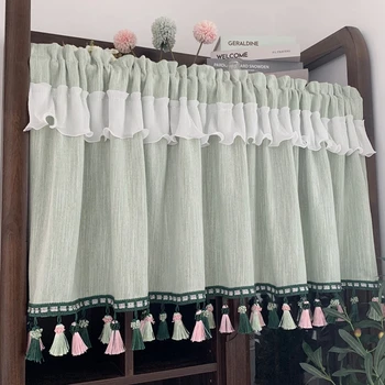 

American Light Green Kitchen Short Window Half-Curtains Tassel Pleats Design Decor Living room Cafe Small Cabinet Drapery X029#4