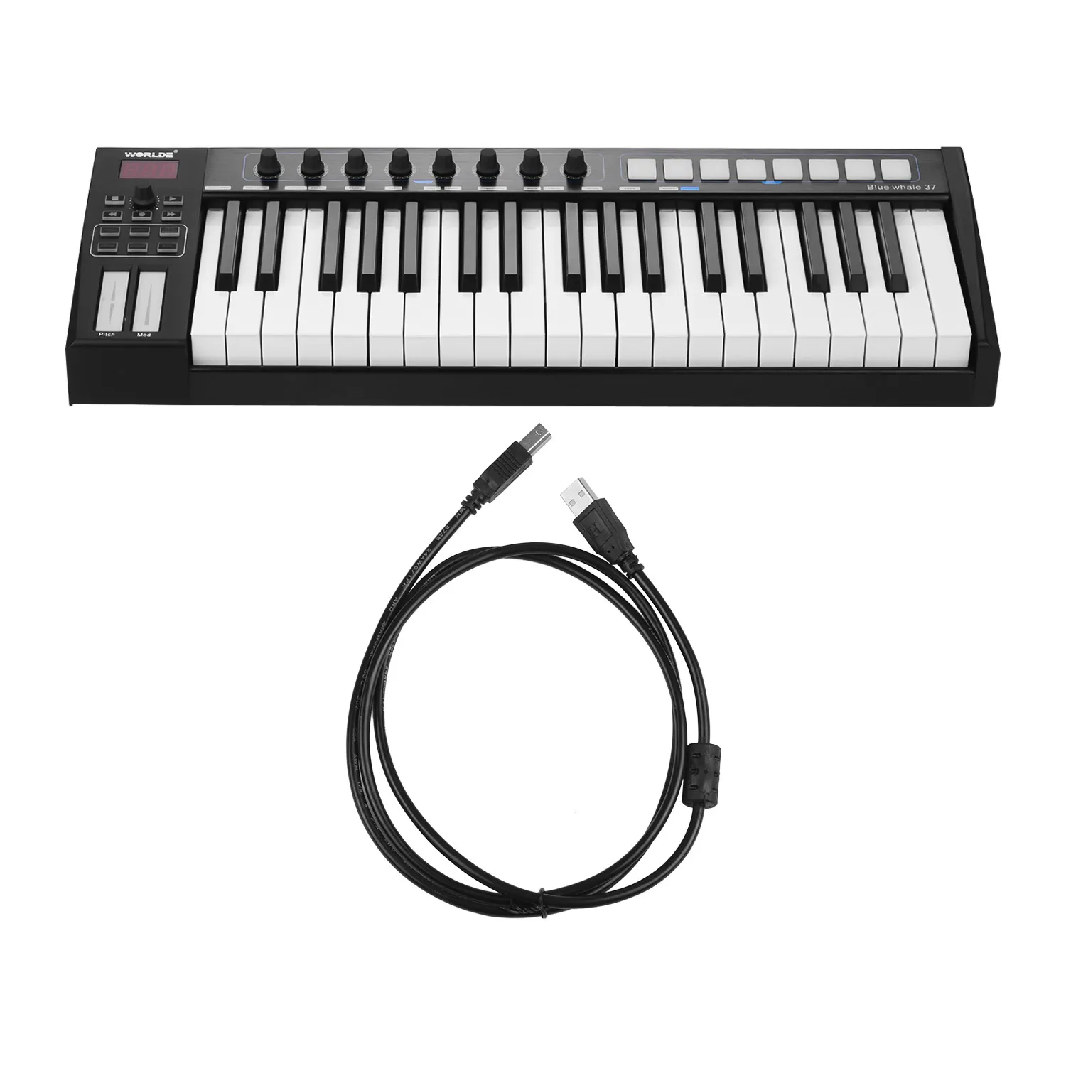WORLDE синий кит 37 USB MIDI контроллер клавиатура 37 полувзвешенные клавиши 8 RGB с подсветкой триггерные подушки светодиодный дисплей с usb-кабелем