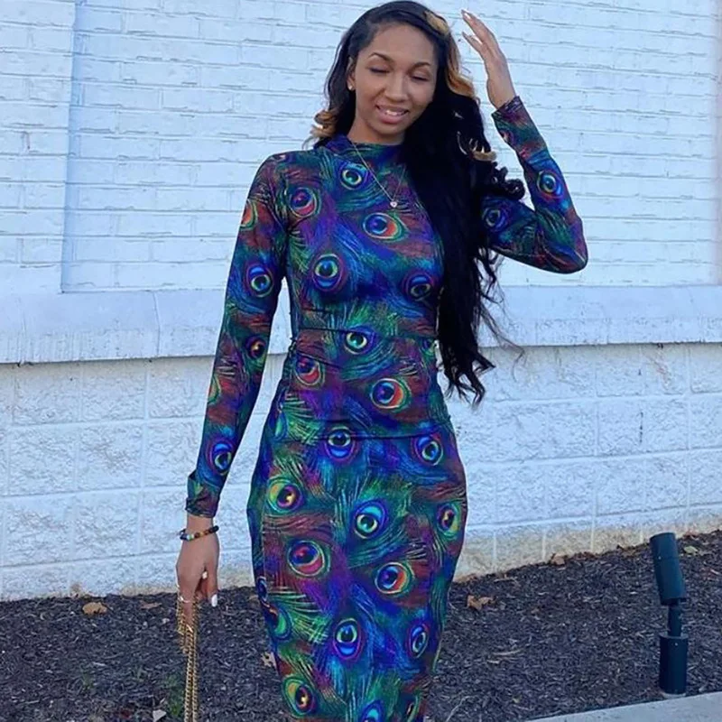 

Printed Hot Slim Long Sleeve Dresses Women Winter 2020 New Fashion Peacock Feather Sexy Women's Dress Night Clubwear