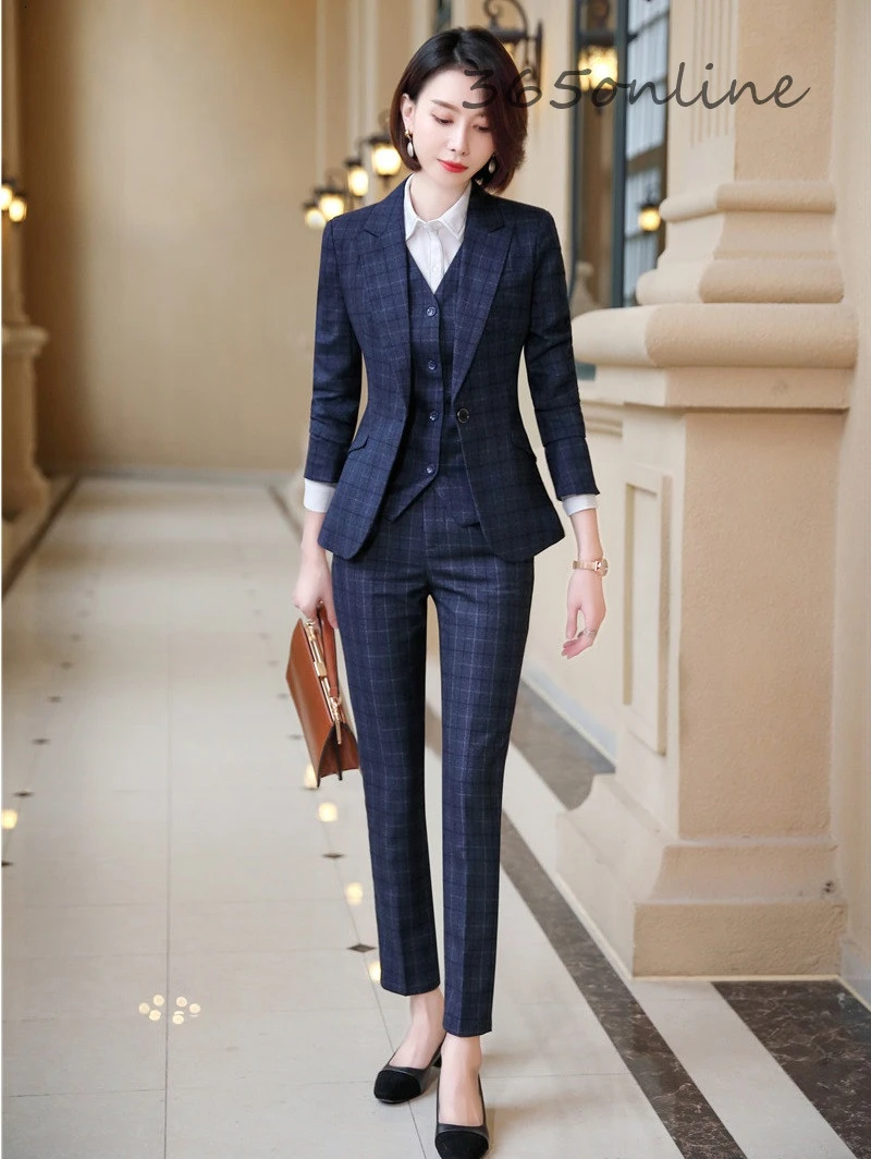 

High Quality Fabric Fashion Plaid Autumn Winter Formal Women Business Suits Ladies Office Work Wear Pantsuits OL Styles Blazers
