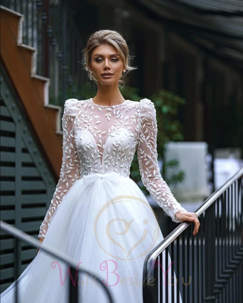 cheap wedding dresses Lace Wedding Dress 2022 Long Sleeves A Line Tulle with Sash Bridal Gowns Elegant Women Bride Gowns Sweep Train Romantic summer wedding guest dress