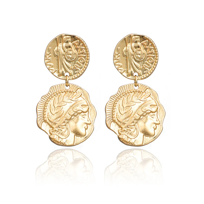 

2019 Individuality Irregular Ethnic Style Metal Texture Earrings Simple Retro Round Engraving Character Letter Portrait Earrings