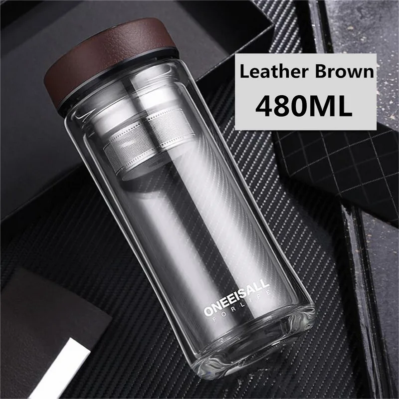 Brown 480 мл стеклянная бутылка для воды с двойными стенками, портативная кружка для путешествий, прозрачная чашка для воды с заваркой чая, большая посуда для напитков - Цвет: Brown