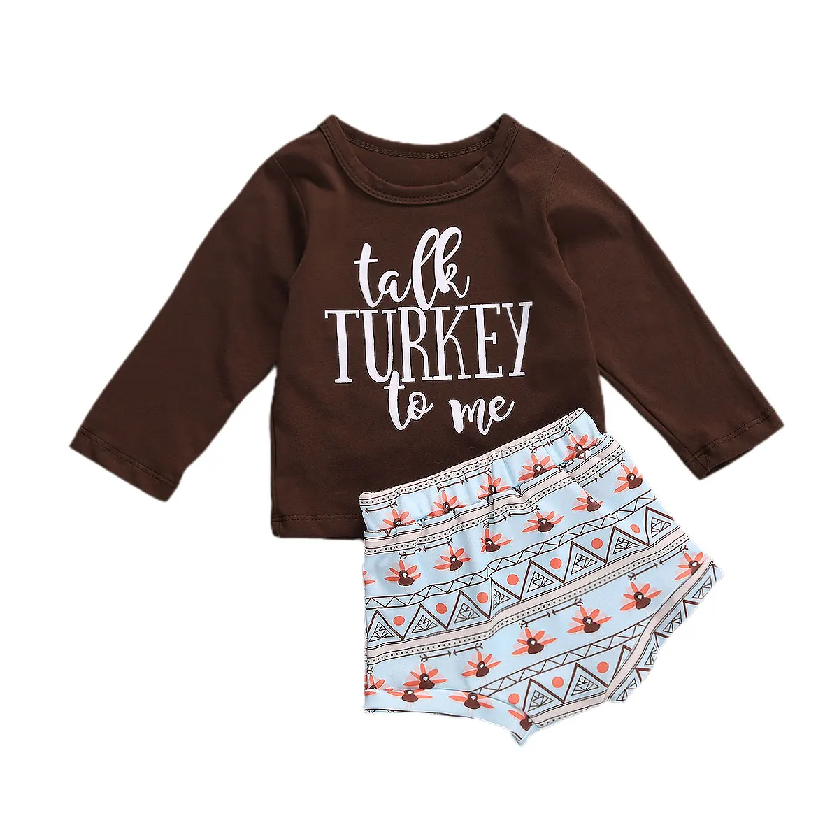 FOCUSNORM Thanksgiving Baby Boy Girl Clothes Sets Long Sleeve Turkey Print T-shirt Tops Shorts Bottom 2PCS Holiday Set | Детская одежда