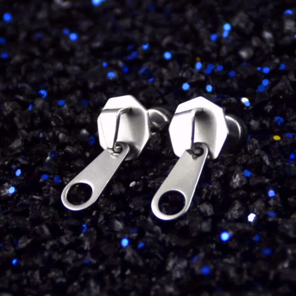 Punk Cool Men Women Zipper Puller Earrings Stainless Steel Ear Studs Jewelry