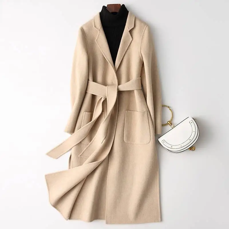 Для женщин осень-зима кашемировое пальто Двусторонняя шерстяное пальто женский Повседневное теплая куртка элегантная Однотонная удлиненная верхняя одежда T152