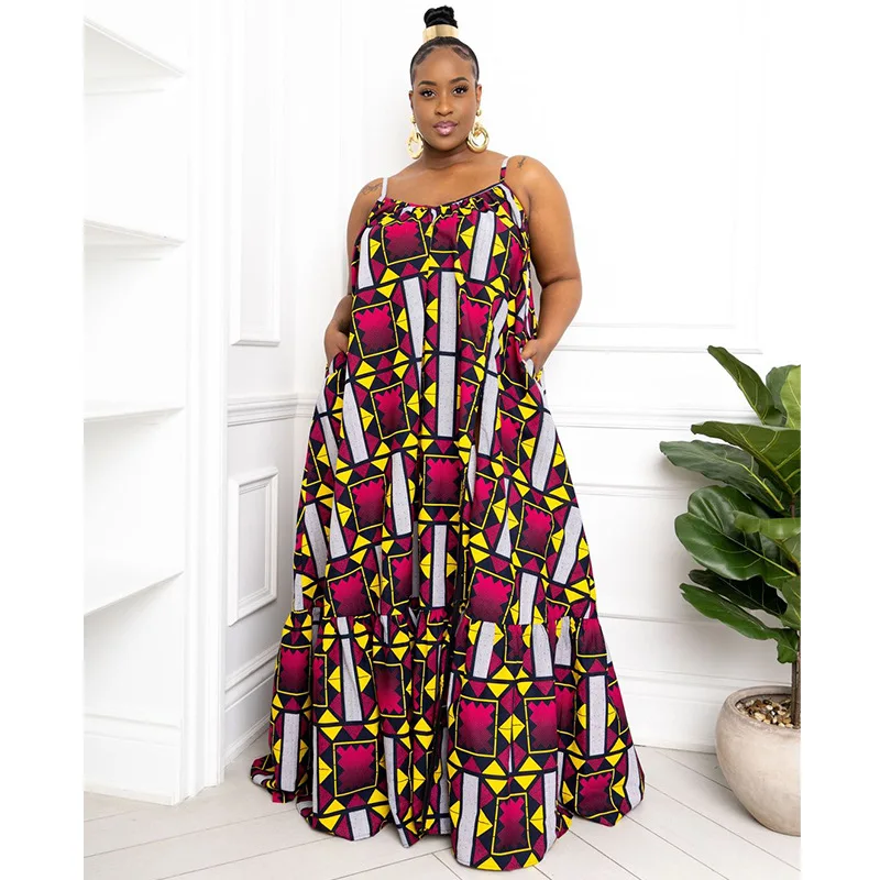 Loose African Maxi Dress Women 4XL Plus Size Spaghetti Strap Boubou Summer New Print Ruffle Patchwork African Beach Maxi Dresses african fashion style