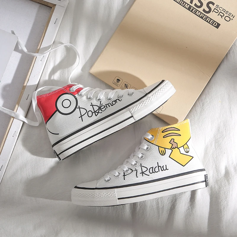 Парусиновая обувь с рисунком покемона Пикачу; женские кроссовки для девочек; женская повседневная обувь; Студенческая Обувь На Шнуровке; модная обувь на плоской подошве - Цвет: White