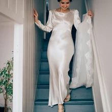 С длинным рукавом лодочкой шеи лодыжки длина шелковый атлас свадебное платье невесты платье