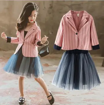 

2019 new wholesale girls 2 pcs set striped coat+ vest dress autumn fashion girls suit 4-9t C126