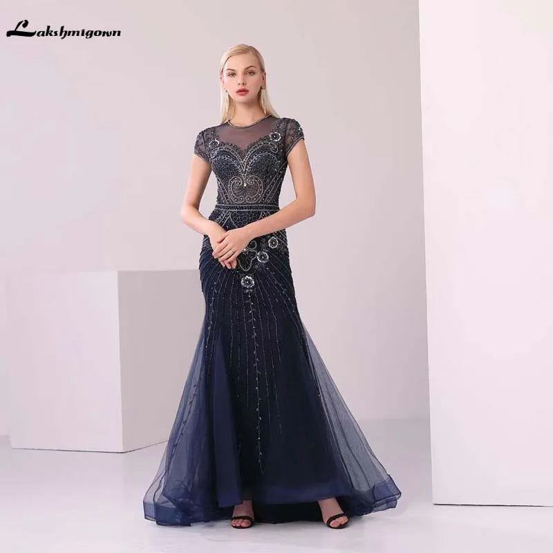Lakshmigown, темно-синее, с бусинами, Тюлевое, Русалка, вечернее платье, круглый вырез, короткий рукав, длинное, для выпускного вечера, вечерние платья, vestido longo