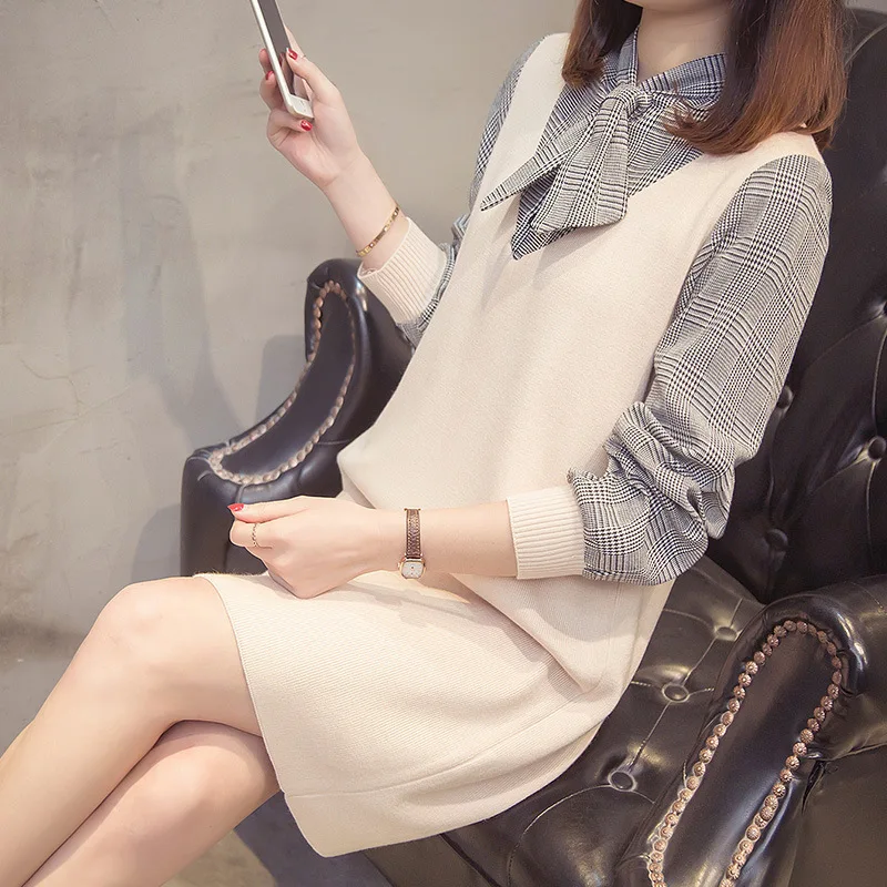 

New Autumn 2019 Fake Two-piece Sweater Loose Knit Dress Female Daily Sweet Two-piece Suit Fashion Streetwear Mini Dress Sets
