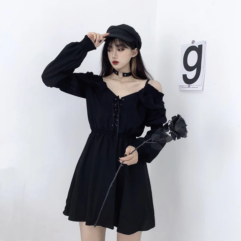 ZOKI Women Black Dress Sexy Bandage Summer Party Mini Dress V Neck Gothic Spaghetti Strap Club Night Female Vestidos 2022 little black dress