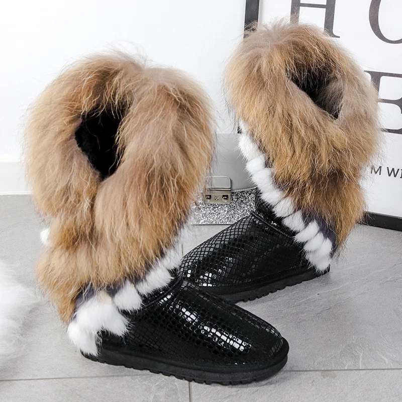 

Womens Round Toe Suede Leather Real Fox and Rabbit Fur Furry Mid Cafl Boots Fleece Thicken Warm Winter Snow Shoes 5Color Luxury