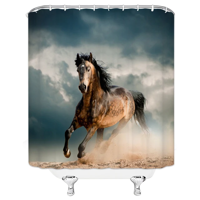 Black White Horse Shower Curtains Strong Animal Running on the Snow Bathroom Decor Home Bathtub Waterproof Polyester Curtain Set G633
