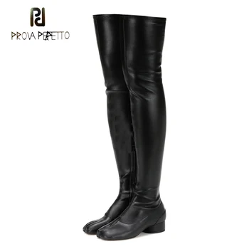 

Prova Perfetto novelty black leather split toe thigh high boot women midium heel stretch high boot women sexy thighten leg boots