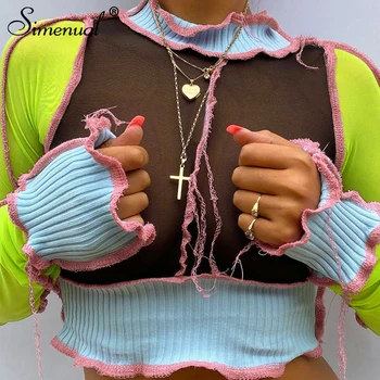 

Simenual Patchwork Mesh See Through Club Crop Tops Women Long Sleeve Sexy Hot Knitted Party T-Shirts Autumn Skinny Fashion Tees
