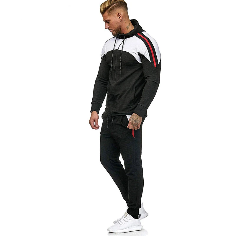5XL белые мужские спортивные костюмы из двух частей, толстовки, Мужская одежда, брендовый спортивный костюм для мужчин, спортивные комплекты, лоскутные толстовки, спортивная одежда - Цвет: black sets