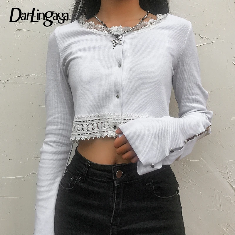 White Darlingaga Harajuku, шикарная белая футболка, женские топы, пуговицы, открытый рукав, кроп-топ, кружевная Лоскутная футболка, весна-осень, футболки - Цвет: White