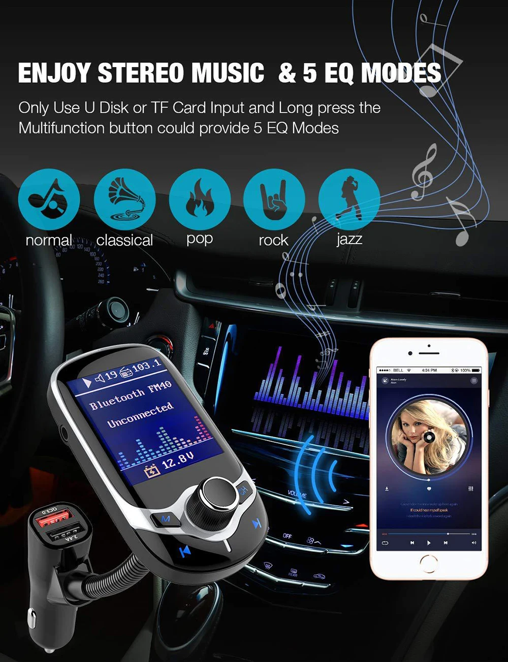 JINSERTA Автомобильный MP3 музыкальный плеер Bluetooth 5,0 приемник FM USB передатчик QC3.0 зарядное устройство U диск/TF карта AUX lossless музыка