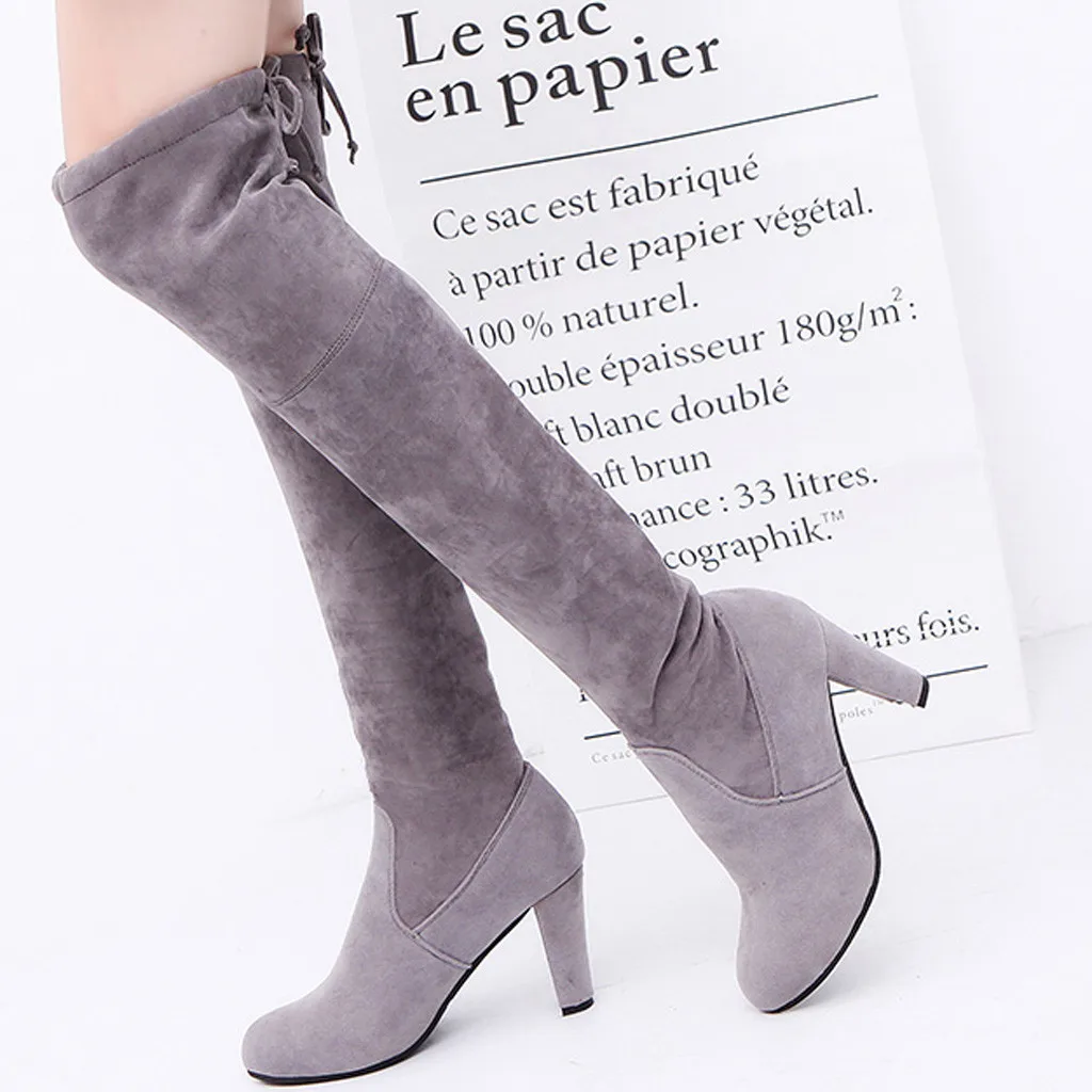 

2020 New Flock Leather Women Over The Knee Boots Lace Up Sexy High Heels Autumn Woman Shoes Winter Women Boots Size 35-43
