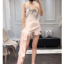 Комплект с платьем из трех предметов, сексуальные шорты на бретельках, халат, летний халат из шелка, домашний халат, комплект для женщин с нагрудной накладкой, комплект для сна