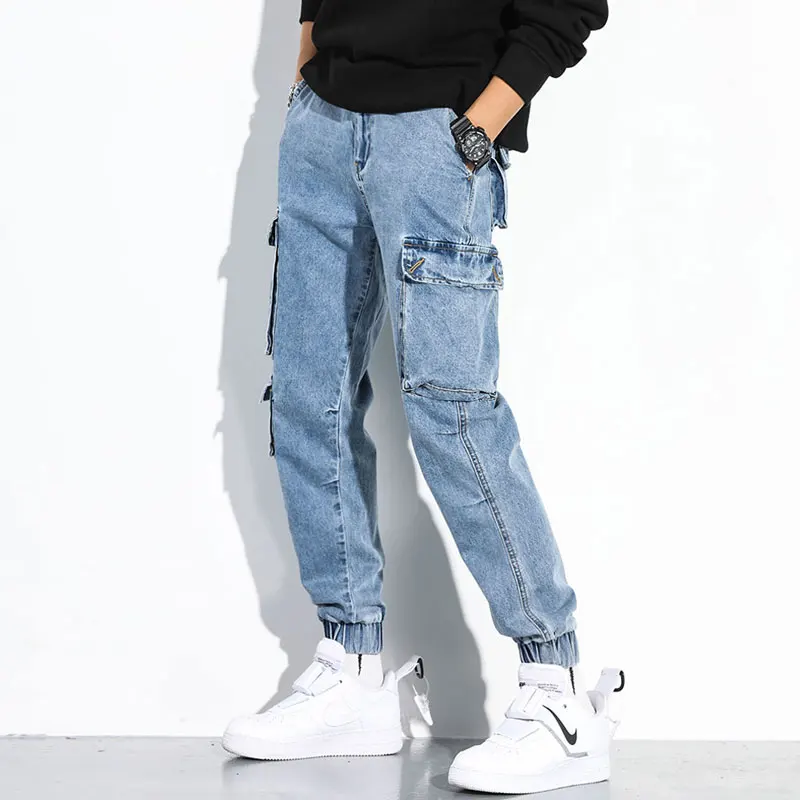 Cheap Fashion Streetwear Men Jeans Loose Fit Big Pocket Cargo Pants Harem Trousers Blue Color Japanese Style Hip Hop Jeans Men Joggers