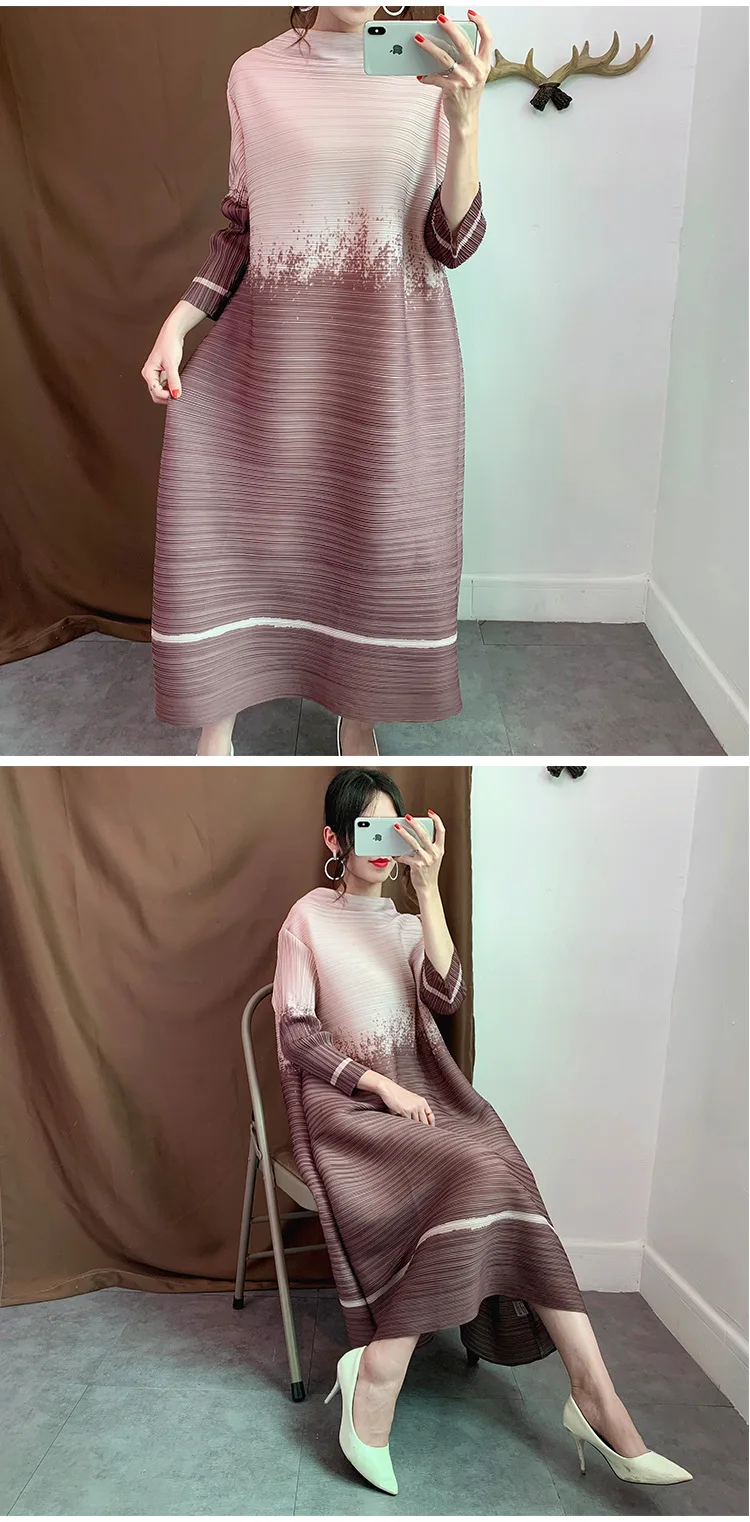 Changpleat Весенние новые женские платья Miyak плиссированные модные градиентные с длинным рукавом Свободные Большие размеры 3/4 рукав женское длинное платье D90