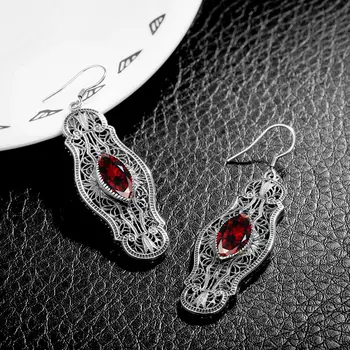 

Long Earring For Women Sterling Silver Vintage Earring Unique Charm Garnet Gemstone Butterfly Flower Silver Gothic Jewelry Hot
