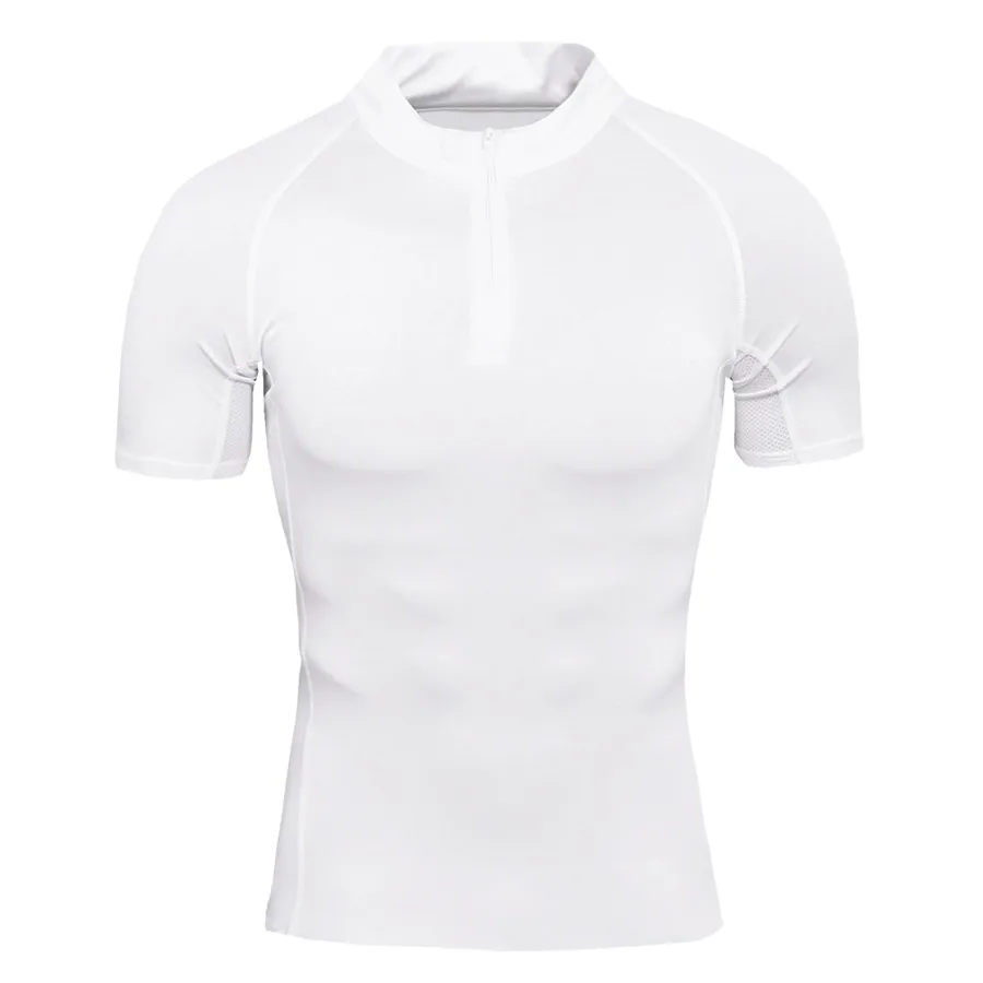 Zipper Neck Gym Sport Shirt Men Quick Dry Fitness Compression T-Shirts Slim Jogging Tees Tops Running Shirt Muscle Tee Rashgard - Цвет: White