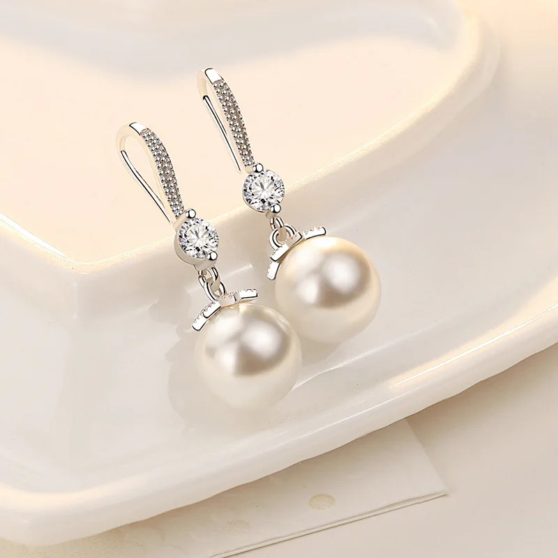 Imitation Pearl Dangle Earrings CZ Women Engagement Wedding Accessories dangle earrings,pearl earrings,drop earrings,pendant earrings,long earrings,crystal earrings