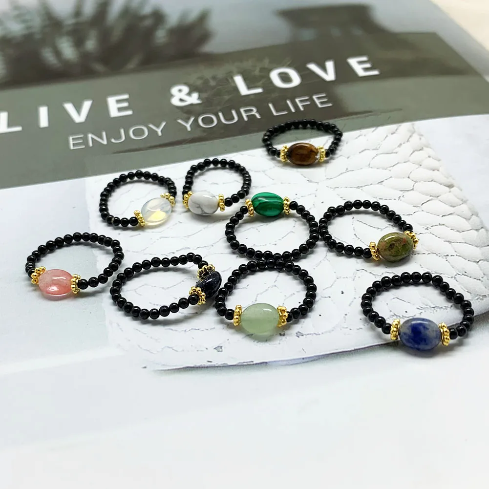 Momiji-anillos de cuentas de obsidiana para mujer, joyas Bohemias de piedra Natural elástico ajustable regalo de anillo de boda precios al por mayor