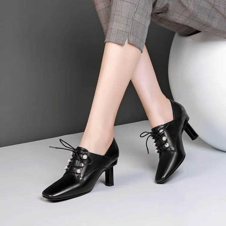 

Simple-Style Fashion Autumn New Style Full-grain Leather Square Head Lace up Front Stiletto Tendon Outsole Deep-mouth Thin Shoes