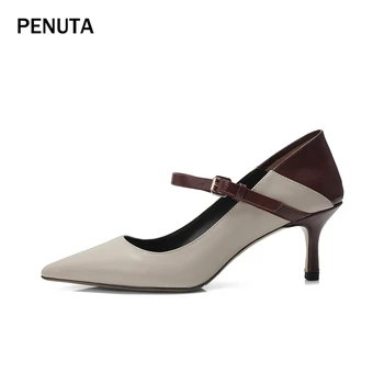 

2020 PENUTA Pointed Toe High Heel Shoes Buckle Strap Ladies Loafer Pumps Beige Black Classic Women Casual Shoes New Design G0003
