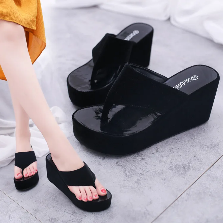 

Women's Thick Bottomed Sandals Summer Casual Flip-flops Slanted Heel New Style Solid Color Slipper Viscose Shoes Flip-flops