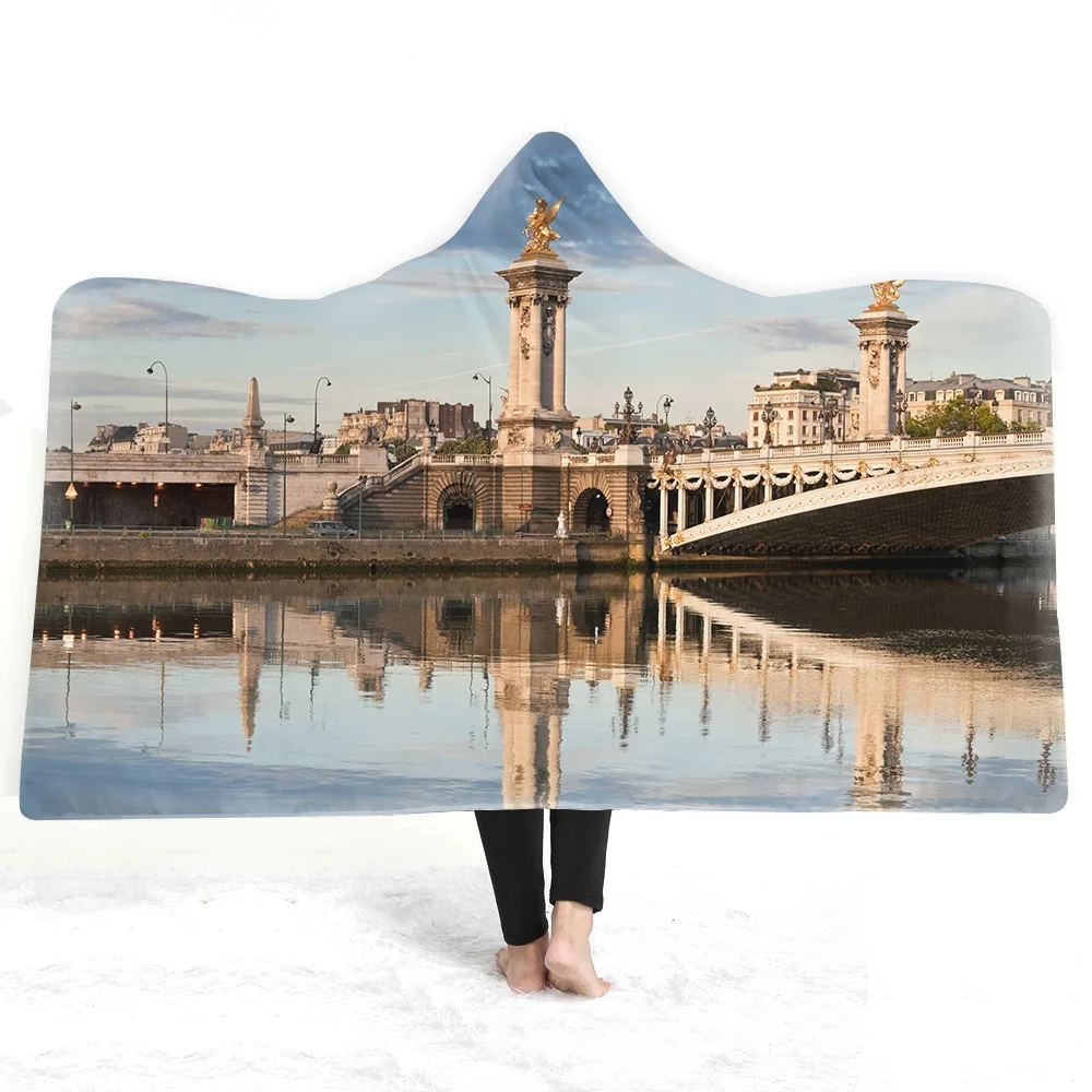 

Famous City View 3D Print Buildings Plush Hooded Blanket for Adults Kid Warm Wearable Fleece Throw Blankets Travel Sherp Blanket