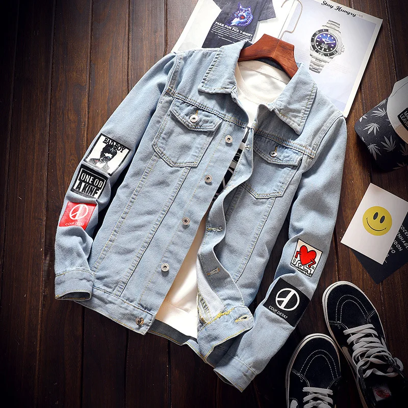 

Handsome Students Black And White with Pattern Jeans Coat Men Korean-style Slim Fit Large Size Trend Printed Jacket Autumn New S