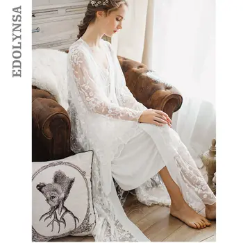 

Maternity Sleepwear Sexy Robe Set Two Pieces Spaghetti Strap Deep Cotton Sleepwear Lace Bathrobe Set Luxury Nightgown Long