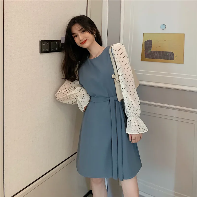 

2020 Early Spring New Women Vintage Sashes A-line Party Dress Long Sleeve O Neck Elegant Casual Mini Dresses 1#15/10D50