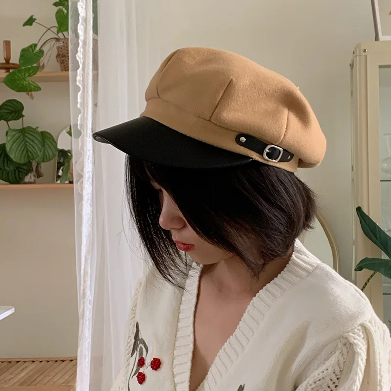 Color : Dark Coffee, Size : 56-58CM MXL Beret Cap Autumn Winter Wool Ladies Cotton Octagonal Hat Mens Monochrome Outdoor Shade Fashion Classic Retro Painter Hat