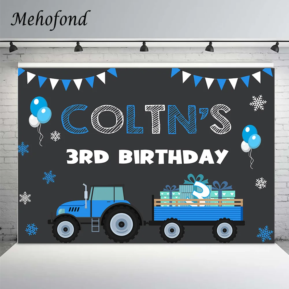 

Mehofond Tractor Backdrop Blue Gray Snowflake Balloon Background Boy 3rd Birthday Party Customize Photography Poster Photophone