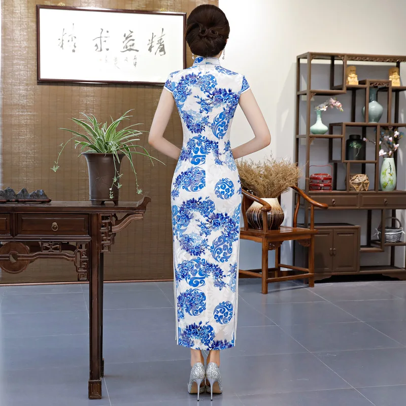 Сексуальное китайское женское осенне-зимнее велюровое платье Чонсам Qipao длинные Чонсам ручной работы на пуговицах Qipao Vestidos