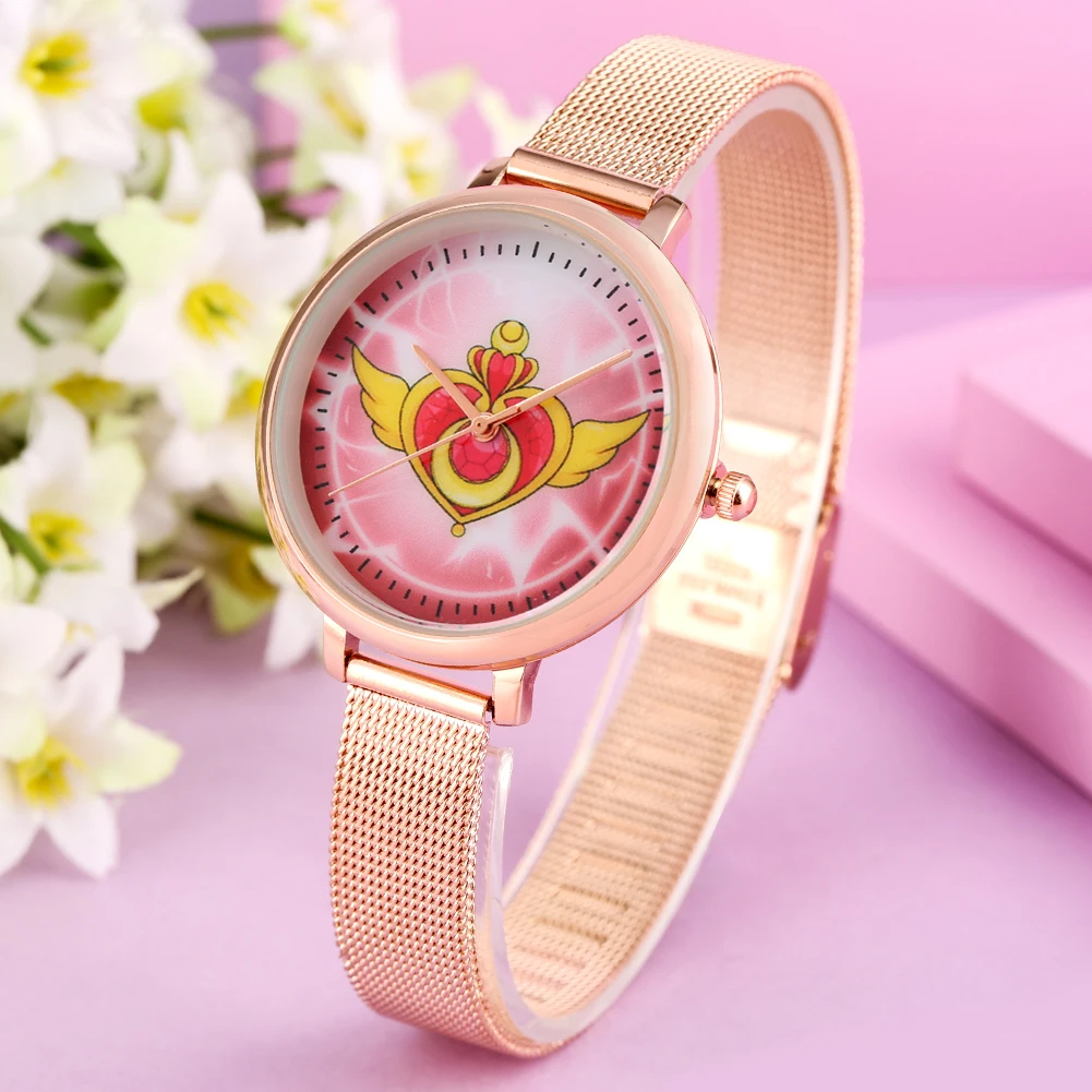 Women Quartz Watch Sailor Moon Theme Girls Wristwatch Mesh/Leather Strap Bracelet Ladies Watches Analog Clock montre femme Women Quartz Watch Sailor Moon Theme Girls Wristwatch Mesh/Leather Strap Bracelet Ladies Watches Analog Clock montre femme