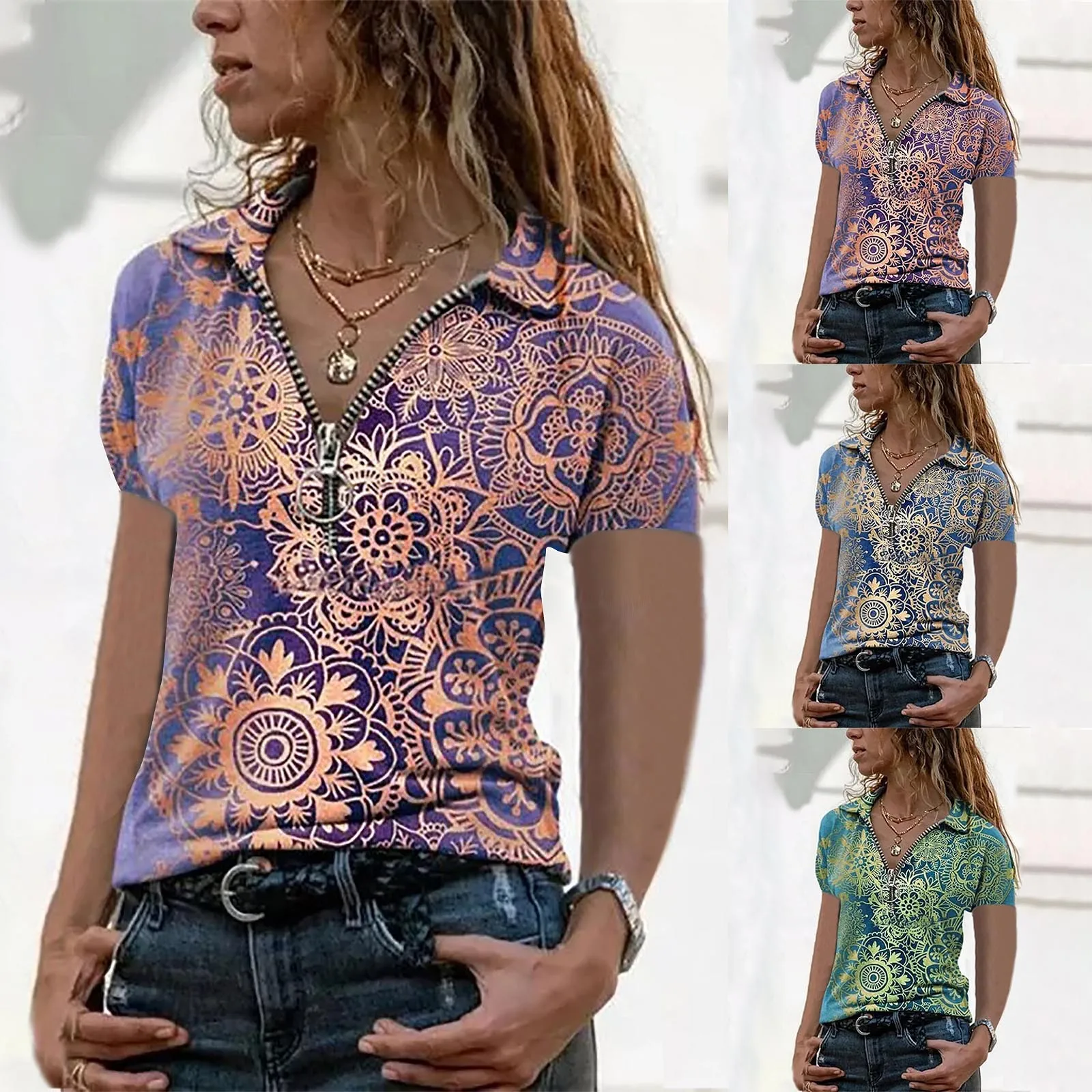 Summer T-shirt Women's Loose V-neck Casual Loose T-shirt Printed Zipper Short-Sleeved Female Camisas Vintage Clothing Женский 2