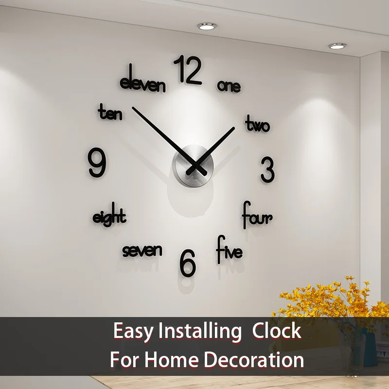 Large 3d Diy Wall Clock Modern Design Acrylic Silent Watch 3D Sticker Clocks Living Room Big Black Home Decor Gift | Дом и сад