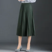 Элегантная однотонная черная хаки зеленая миди плиссированная юбка Женская осенне-зимняя Корейская Высокая талия трапециевидная длинная сетчатая юбка женская